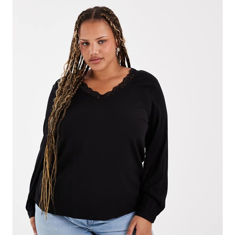 Vero Moda Curve long sleeve lace detail v-neck blouse in black