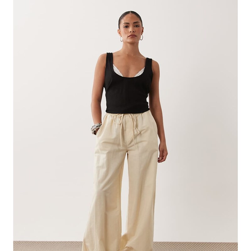 Miss Selfridge Petite linen blend wide leg trouser in ivory