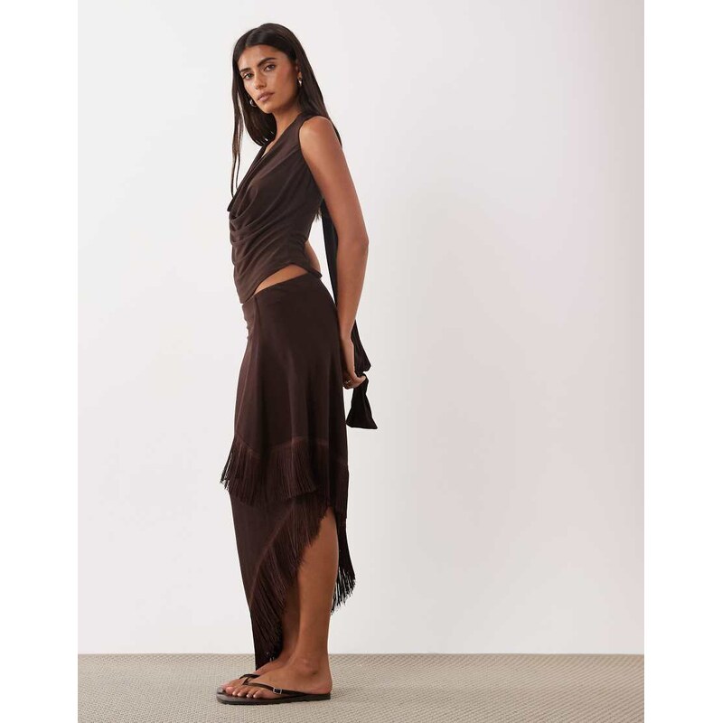 ASOS DESIGN knit fringe sarong midi skirt in brown-Red