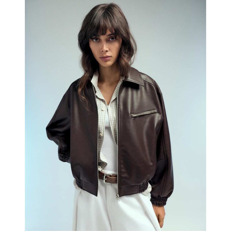 Pull&Bear Leather effect dad jacket in brown