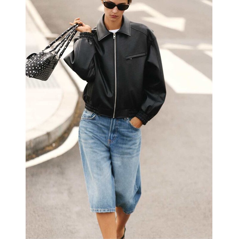 Pull&Bear Leather effect dad jacket in black