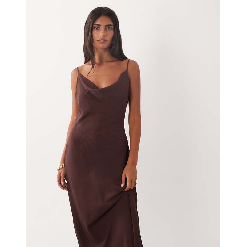 Mango cowl neck strappy satin midi dress in brown