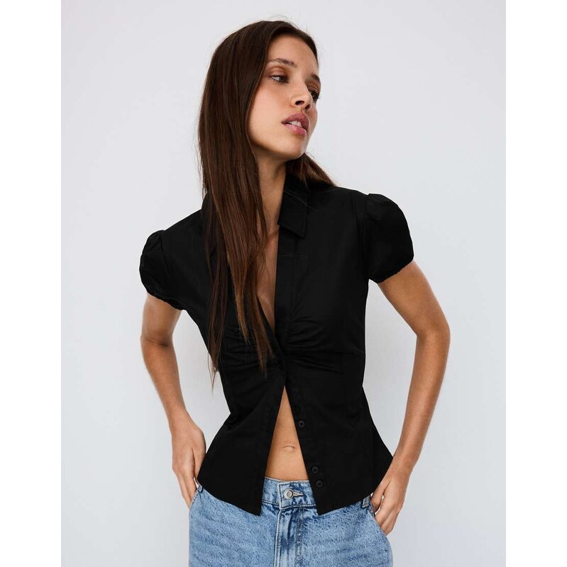 Bershka Short sleeve poplin shirt with bow in black