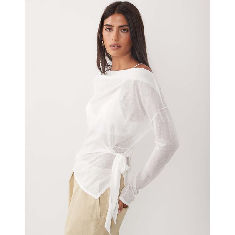 Mango tie side knitted top in beige-Neutral