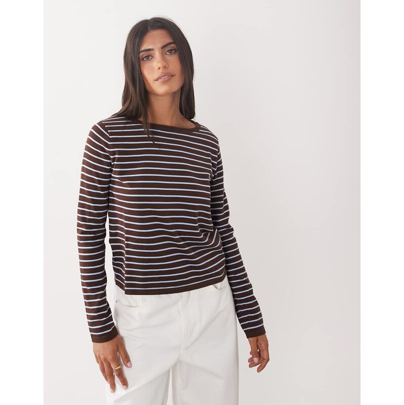 Mango compact knit boat neck long sleeve top in brown