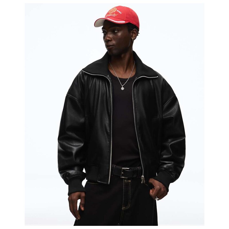 Bershka Faux leather rib bomber jacket in black