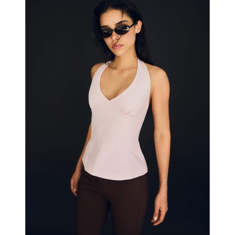 Bershka Structured halter top with ties in pink