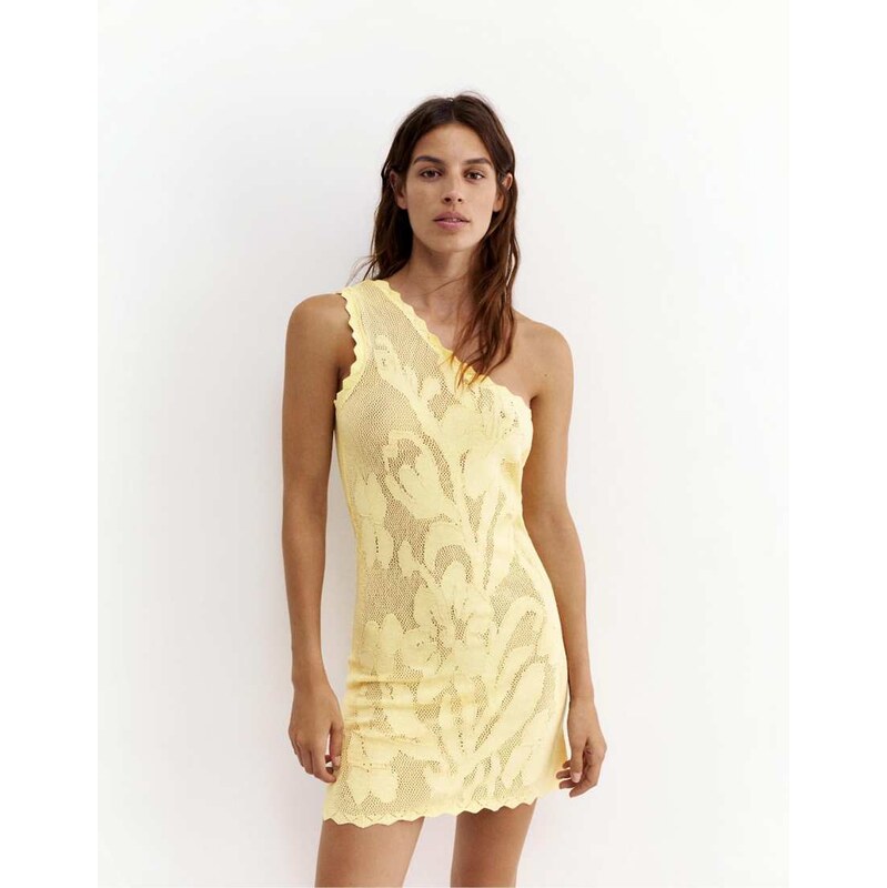 Pull&Bear Asymmetric floral cutwork dress in yellow