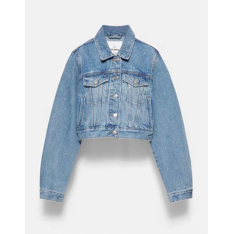Pull&Bear Shimmery cropped denim jacket in medium blue
