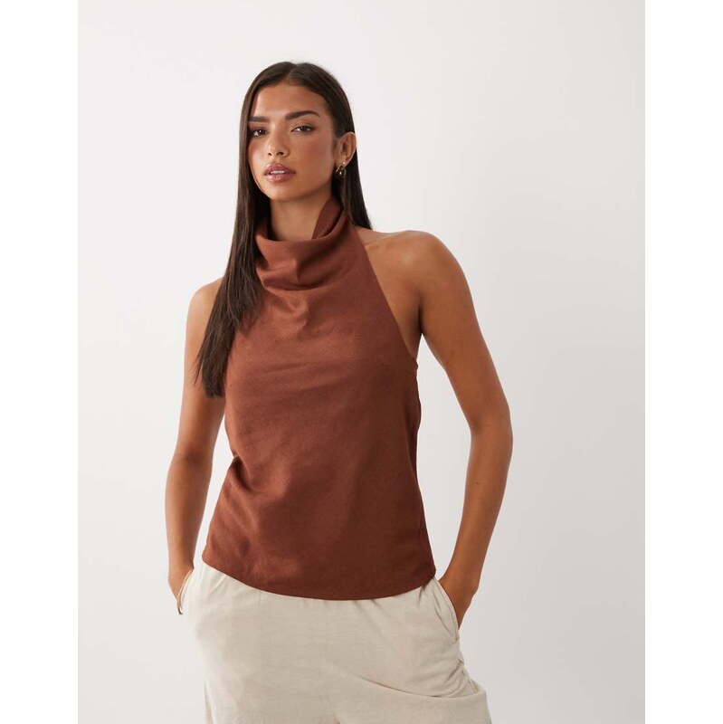 ASOS DESIGN linen blend drapey halter neck co-ord top in