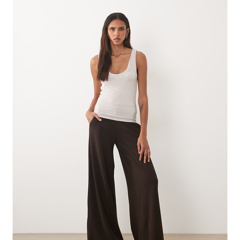 JDY Tall high wasted wide leg trouser in chocolate brown