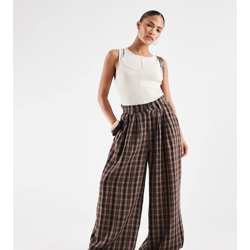Noisy May Petite high waist wide leg check trouser in chocolate