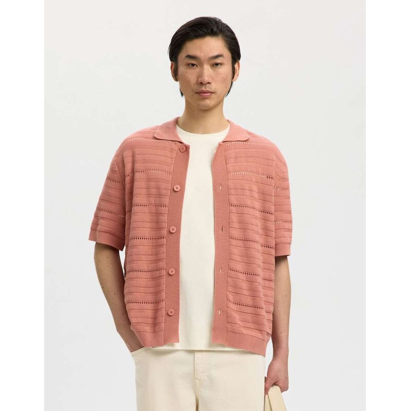 Selected Knitted polo shirt in rose dawn-Pink