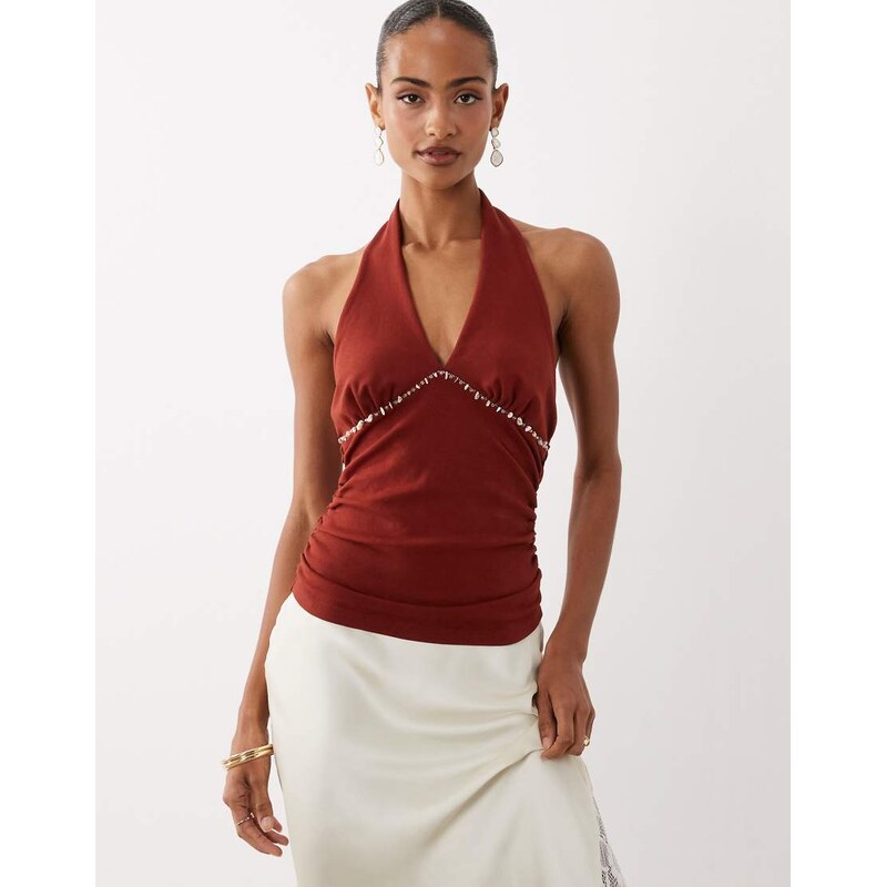 ASOS DESIGN compact cotton ruched halter neck top with bead
