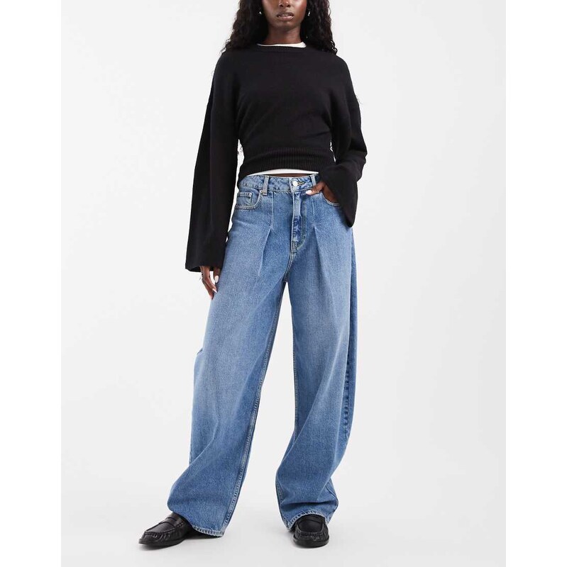 JJXX Sacai baggy barrel pleated jeans in mid wash-Blue