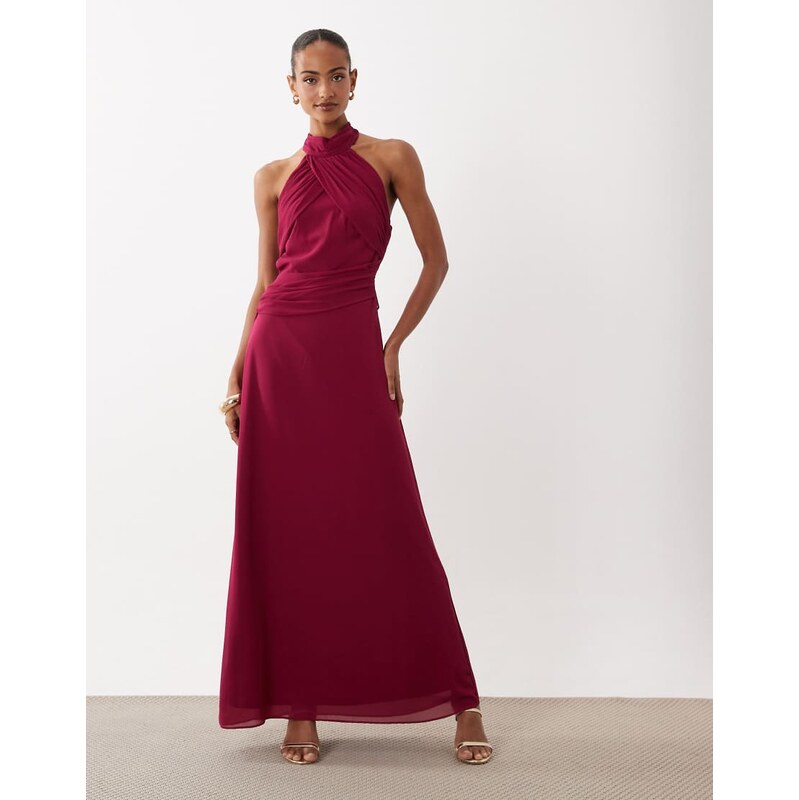 TFNC Bridesmaid chiffon halter neck drape maxi dress in