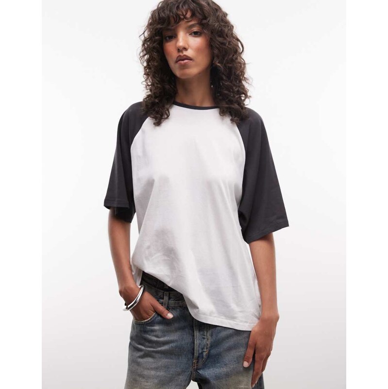 Weekday boxy fit raglan t-shirt with contrast sleeves in off