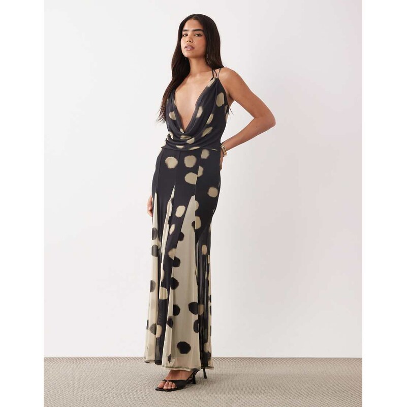 ASOS DESIGN spliced deep cowl spot printed maxi dress with