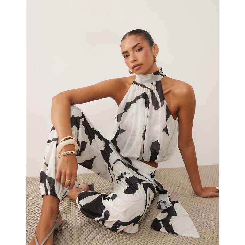 ASOS DESIGN co-ord mesh bubble hem top in mono print-Multi
