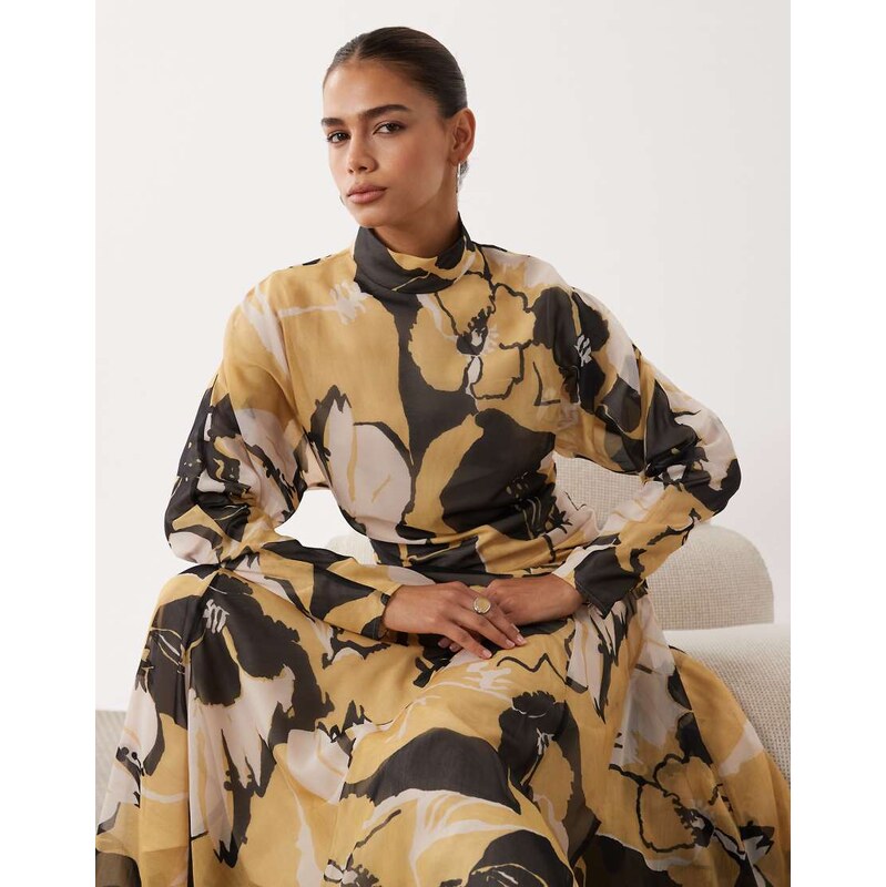 ASOS DESIGN high neck maxi dress with asymmetric waist in brown