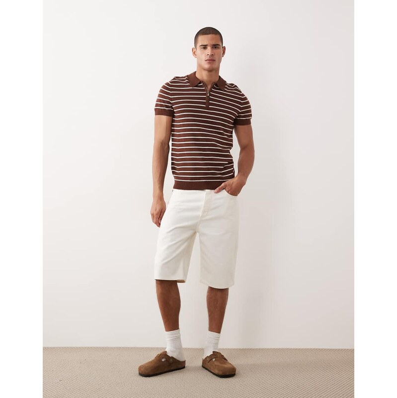 New Look stripe quarter zip polo in brown