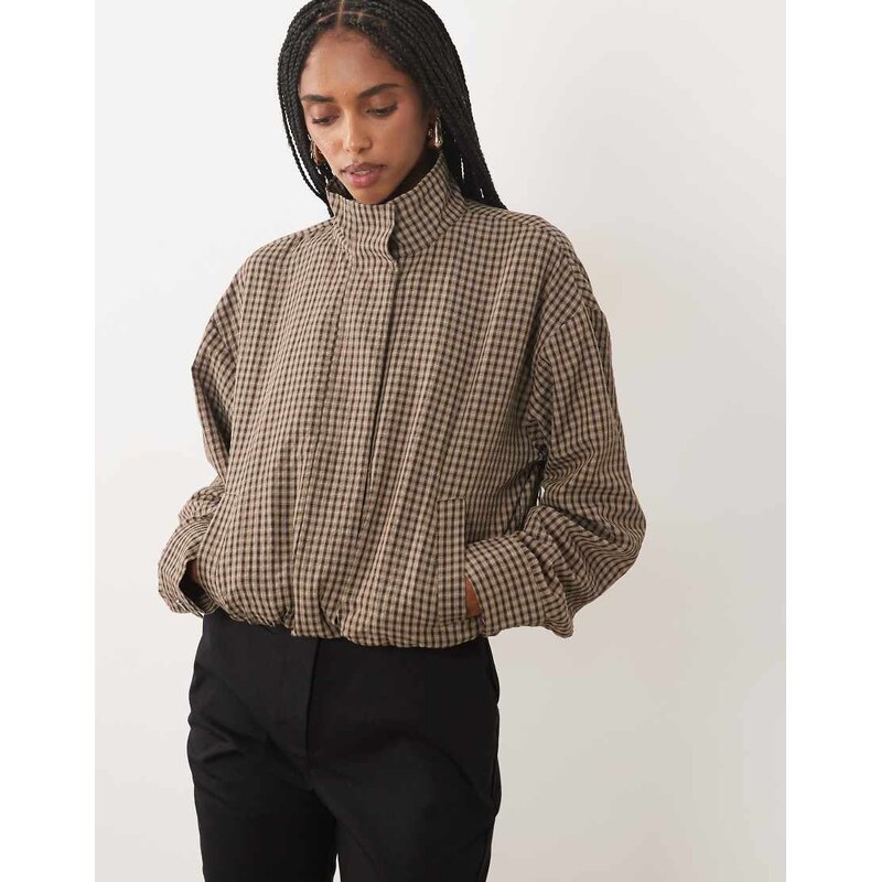 JDY funnel neck bomber jacket in brown gingham