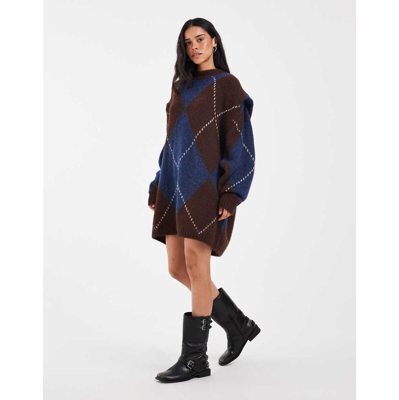 Muse Assembly knitted lucie mini dress in brown blue check-Multi