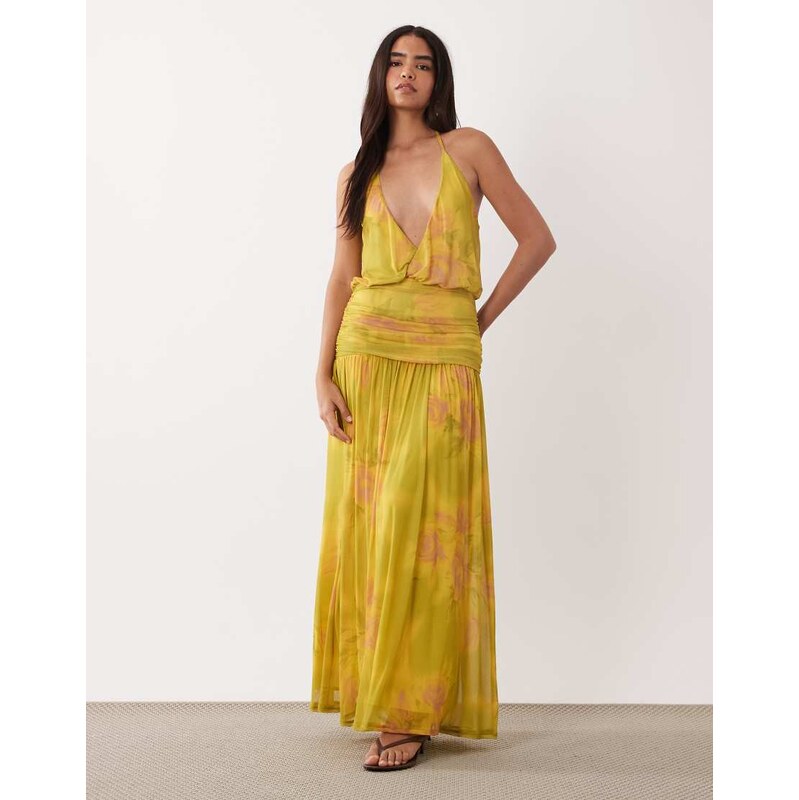 ASOS DESIGN printed mesh plunge neck gathered detail maxi dress