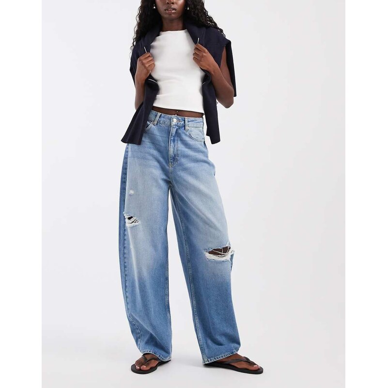 JJXX Sacai baggy barrel jeans with rips in mid wash-Blue