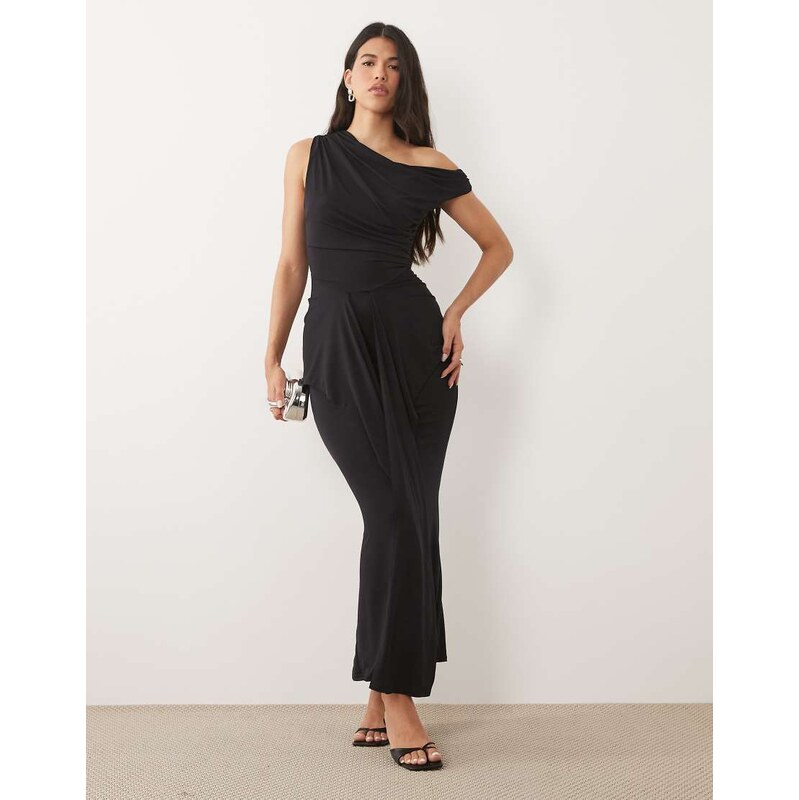 TFNC slinky draped one shoulder maxi dress in black