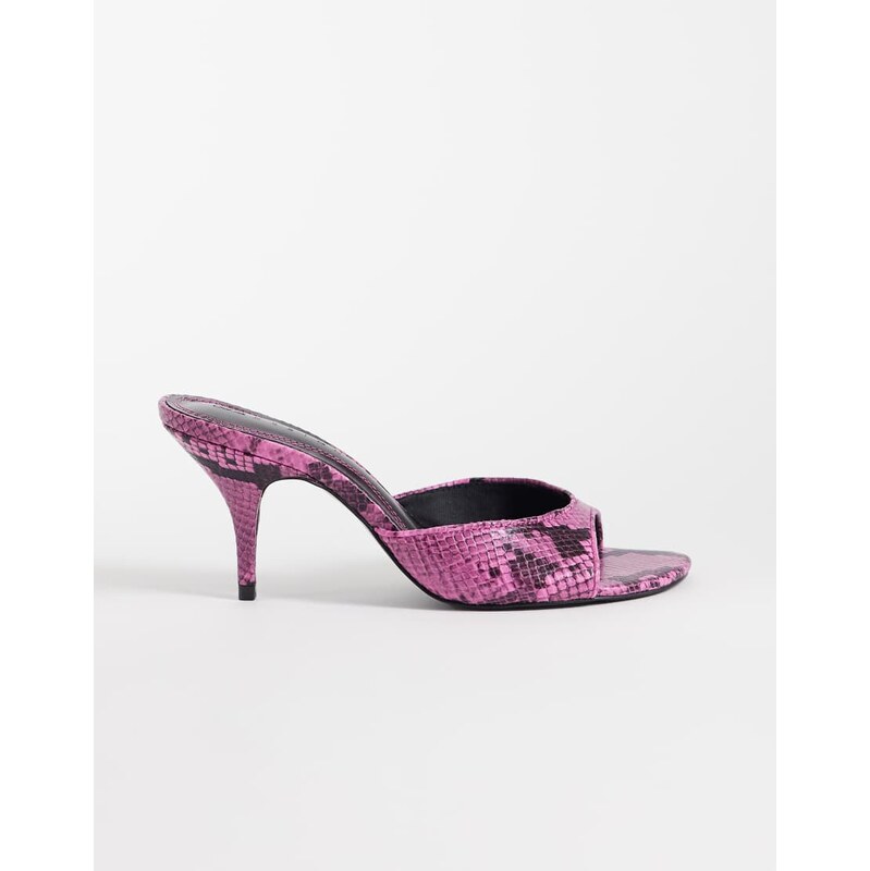 ASOS DESIGN Hooray mid heeled mules in pink snake