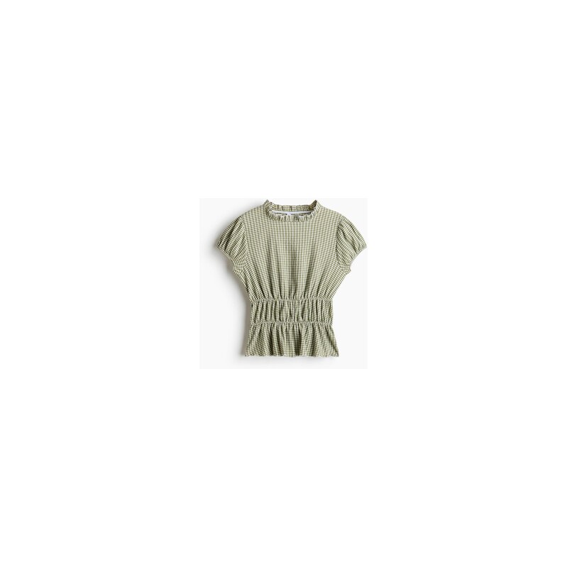 H&M - Halenkas nabíranými rukávy - Světle Zelená Khaki/Kostka