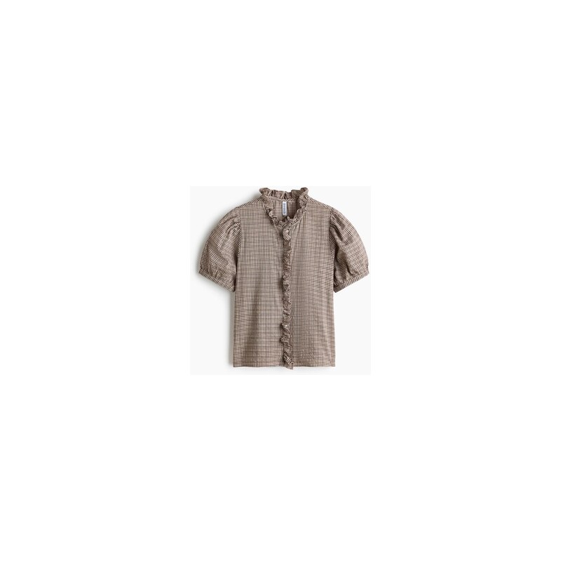 H&M - Bavlněná halenkas řasenými lemy - Světlá Hnědošedá/Kostka