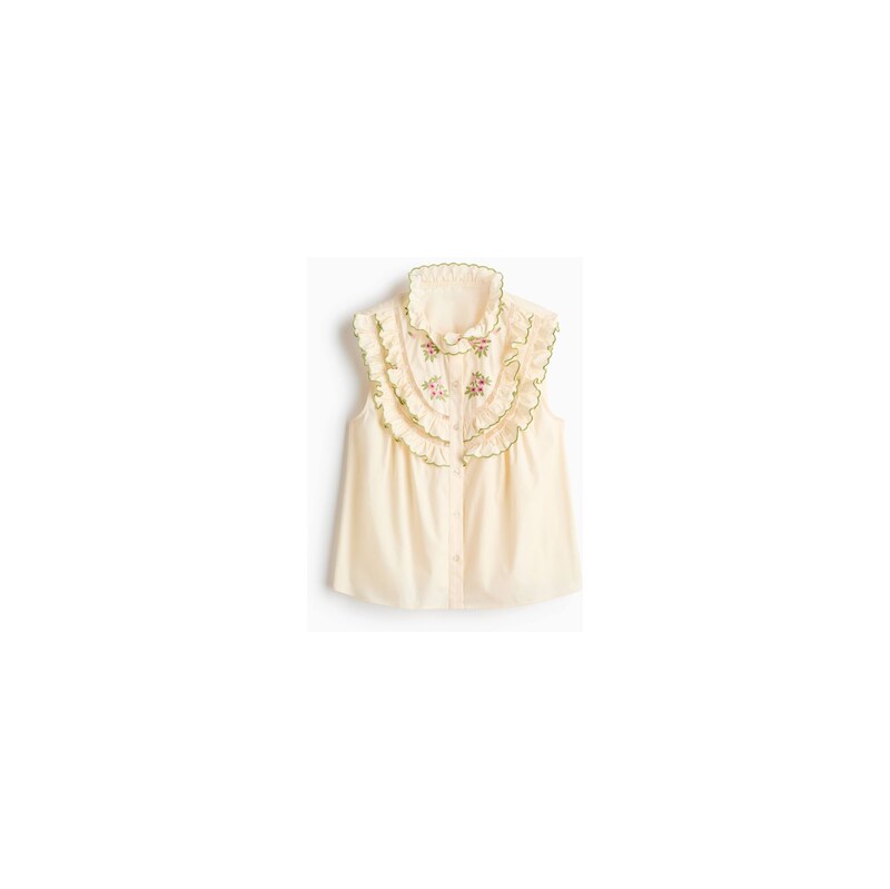 H&M - Volánkový tops výšivkami - Krémová/Květiny