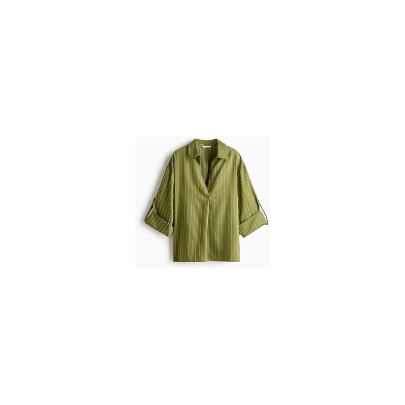H&M - Oversized košile bez zapínání - Olivově Zelená/Proužky