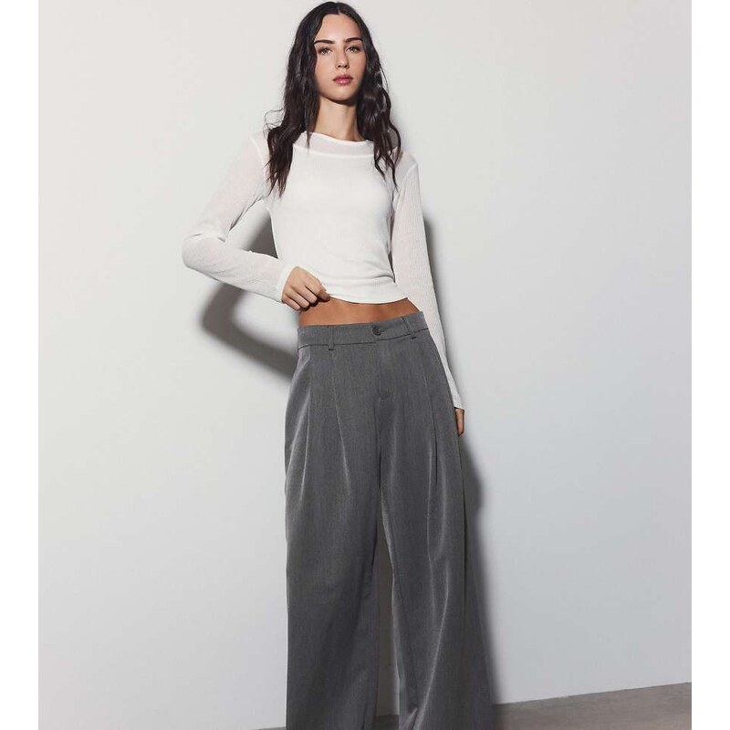Stradivarius Tall wide leg smart trousers with darts in dark