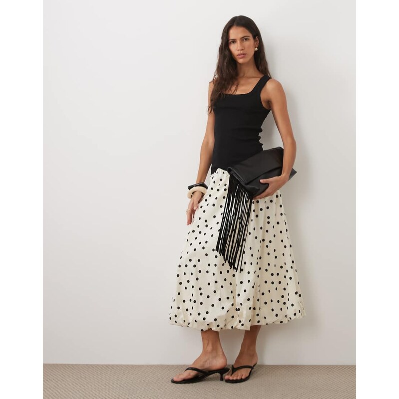 Vila balloon hem midi skirt in white and black polka dot print