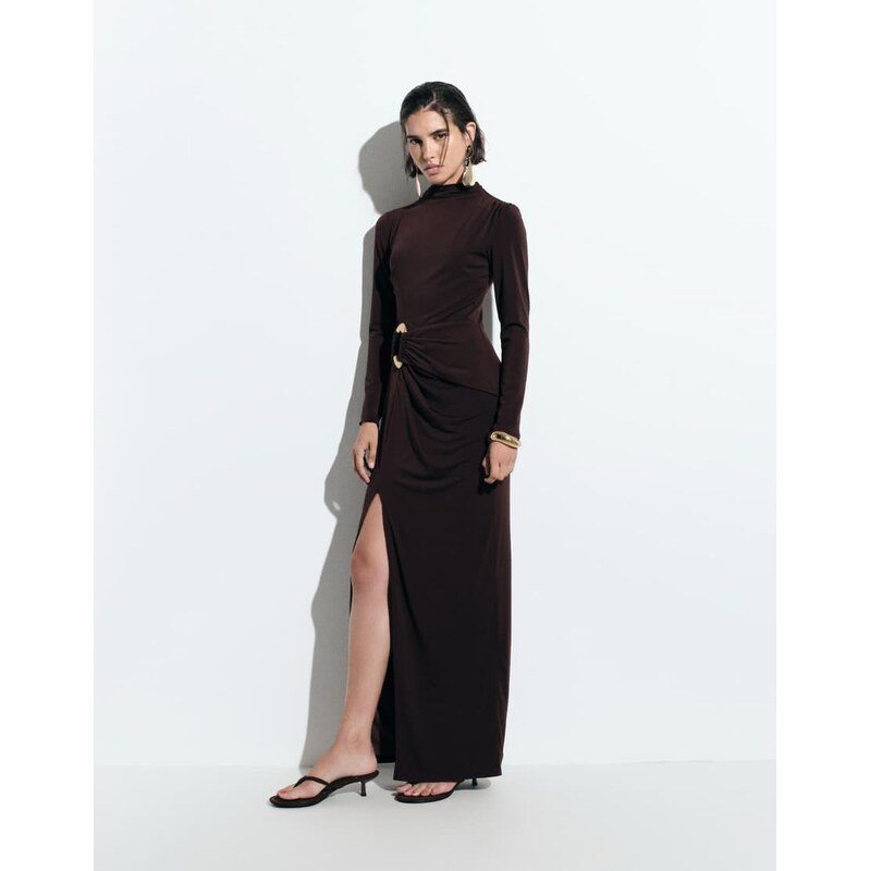 TFNC slinky high neck long sleeve high split trim detail maxi