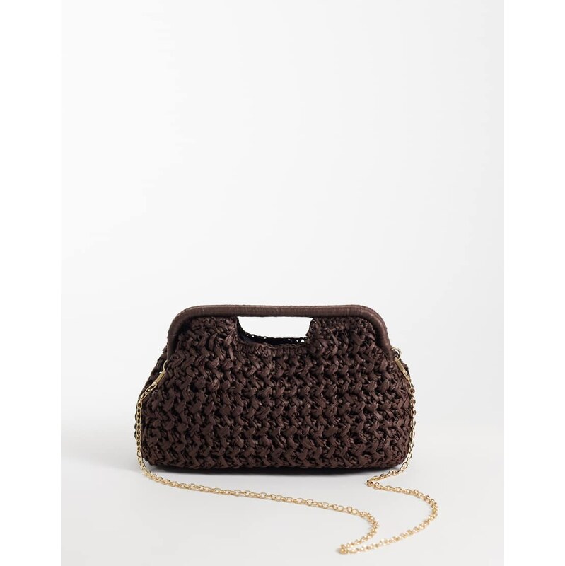 Gina Tricot braided straw clutch bag in dark brown-Black