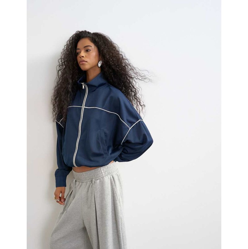 Topshop sports high neck piped jacket in navy