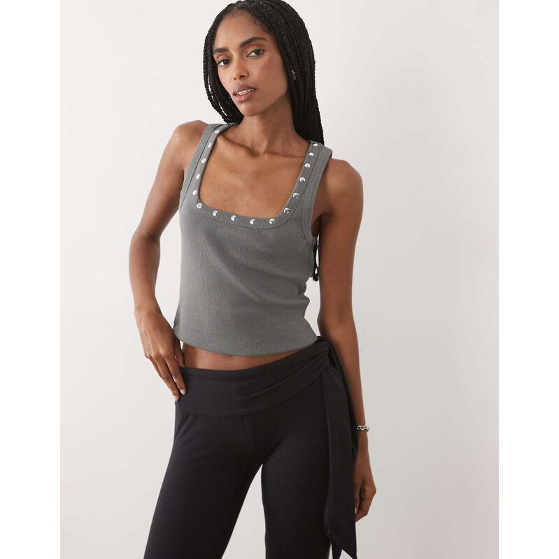 ASOS DESIGN washed stud trim racer vest in charcoal-White