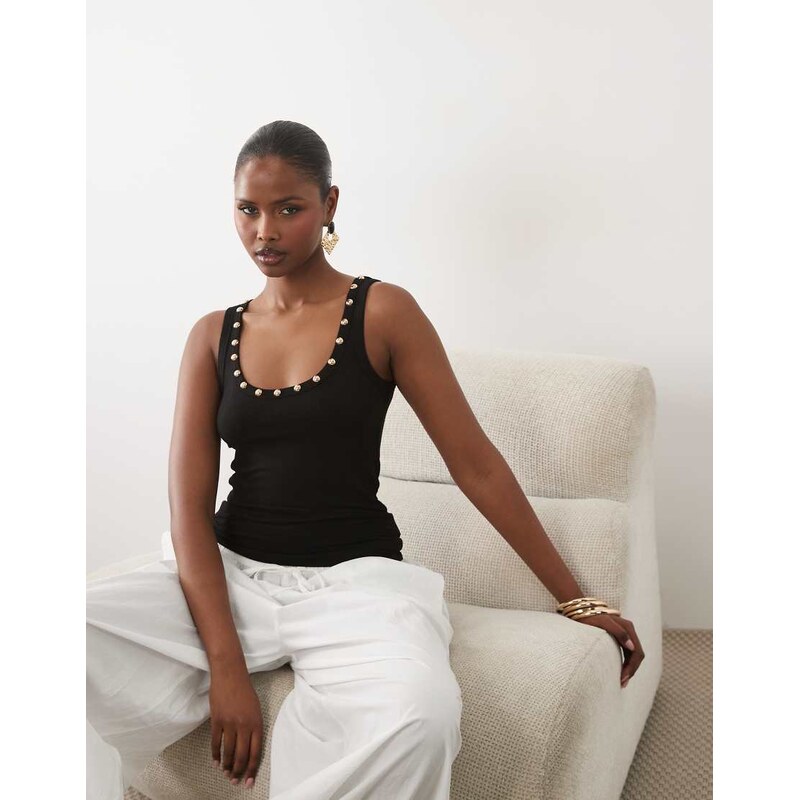 Never Fully Dressed studded ribbed scoop neck vest in black