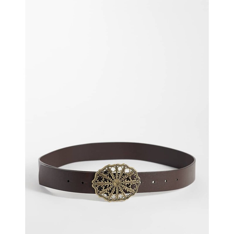 ASOS DESIGN waist and hip vintage buckle belt in brown