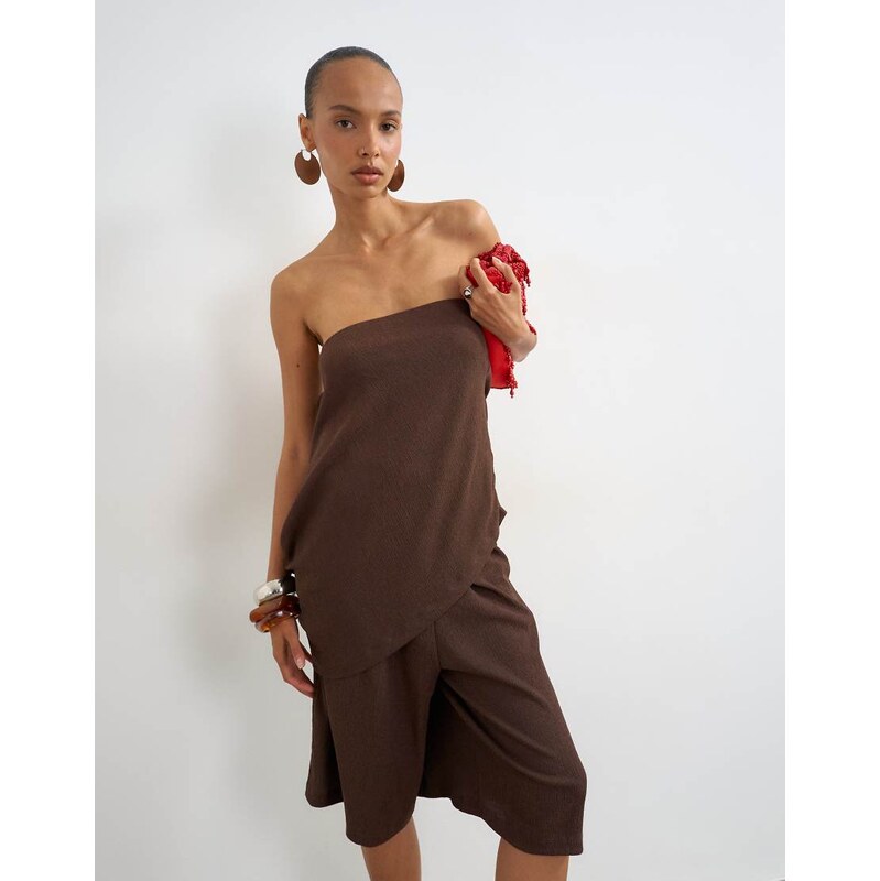 Topshop crinkle asymmetric bandeau in chocolate-Brown