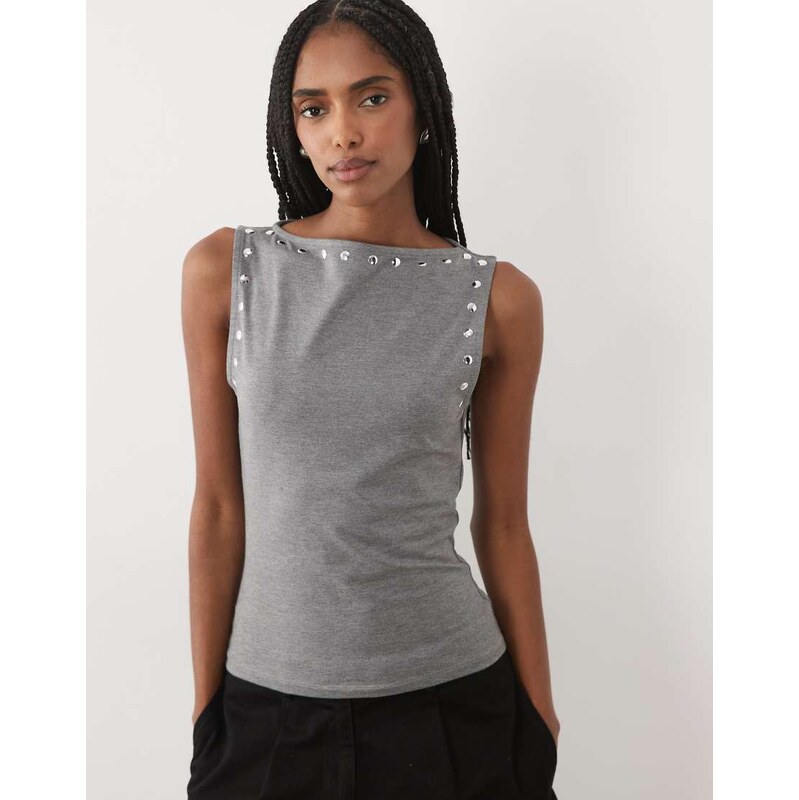ASOS DESIGN tank top with stud details in grey marl-Black