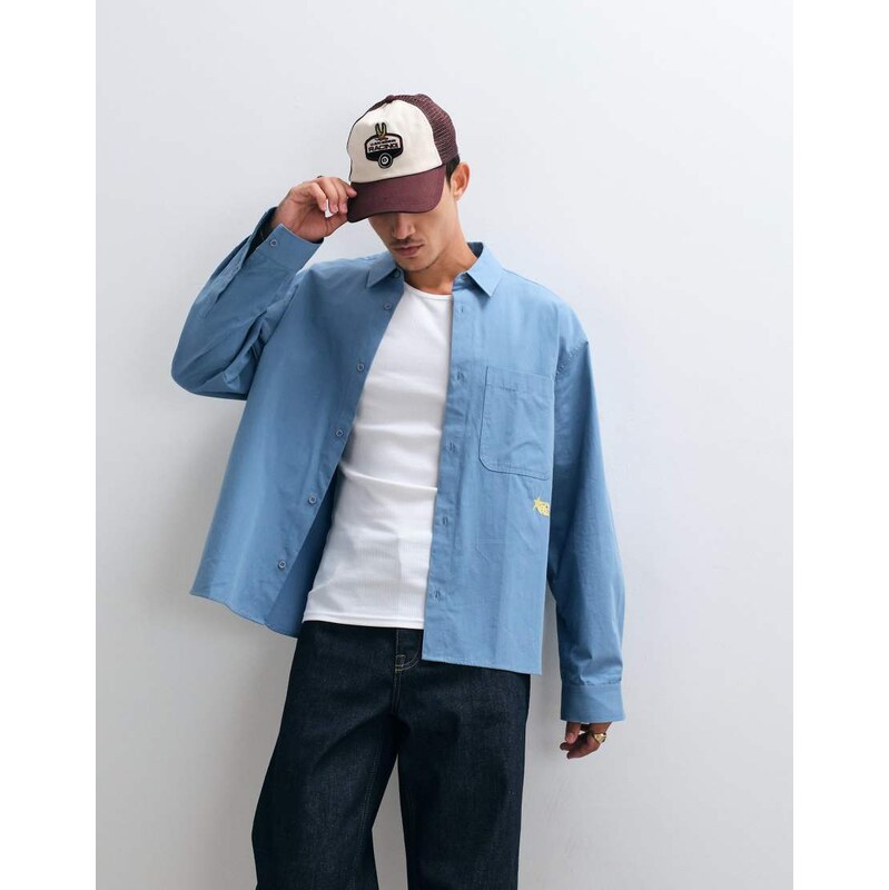 ASOS DESIGN oversized poplin shirt with chest embroidery in blue