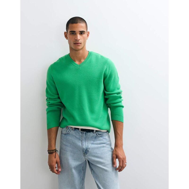 ASOS DESIGN oversized v neck knitted jumper in green