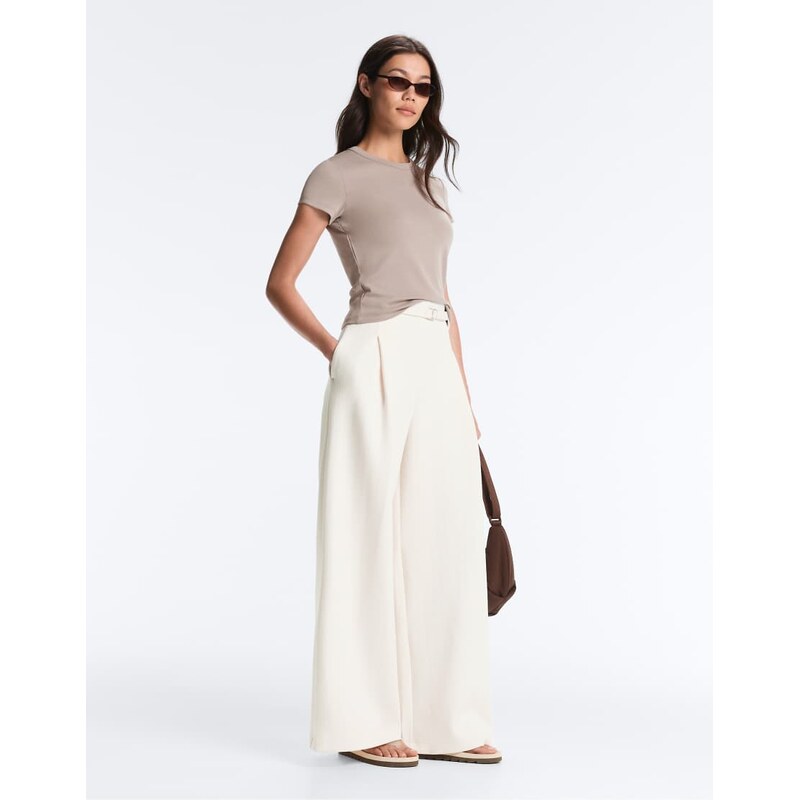 OYSHO Striped cotton piqué wide-leg trousers in pale ecru