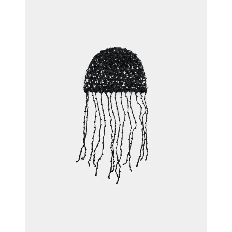 Stradivarius Long fringe cap in black