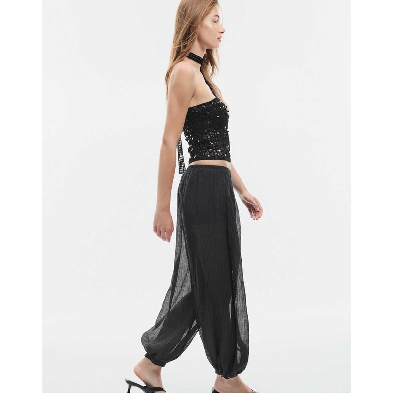 Stradivarius Textured sarouel trousers in black